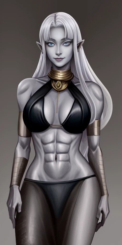 ((1girl)) full body, standing, grey skin, drow, elf, mature, detailed happy face, purple eyes, white hair, black bikini, abs, big knockers, golden chain collar, stomach tattoo (red tattoo)