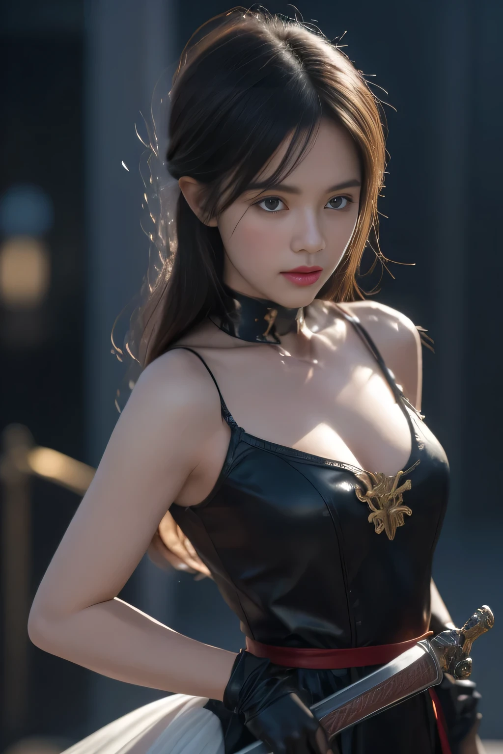 Black Hair, Hair shaking, victory, Long eyelashes, Solid round eye, A faint smile, ears red, direction, Surrealism, shadow, Relief, Stereogram, Standing picture, View, Atmospheric perspective, 8k, Super Detail, precise, best quality,Anime poster of a woman holding a sword and a woman holding a sword, Neil autoamata, Neil:Automata inspired, Neil : Automata inspired, Neil 2 b, 2b Neil Automata, Neil Automata, Neil, Neil:Automata, film still of 2b Neil Automata, Neil inspired, Key Art, 2 b from Neil Automata