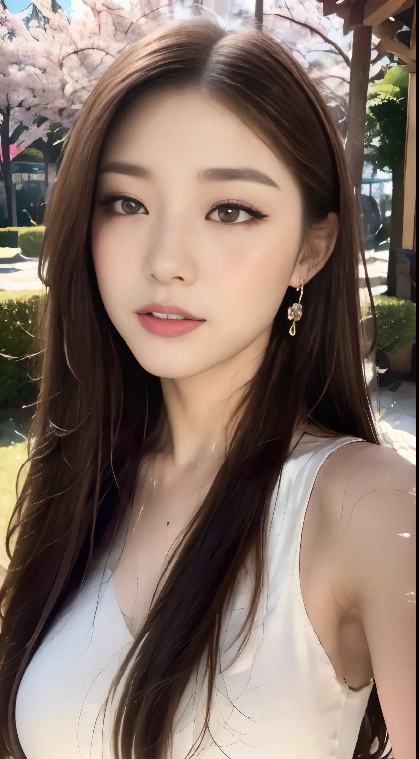 ((highest quality, 8k, masterpiece :1.3)), One Girl, close, Look up,close your eyes,Red lipstick,Dark lipstick:1.2,Beautiful woman, Big Breasts:1.3,Light purple long dress,Highly detailed face, fine grain, double eyelid,  Blur the background, outside, sunny,cherry blossoms, spring, nature,amusement park, (Maximum resolution: 1.4), (Ultra high definition: 1.2), Cinematic Light, (Detailed eyesと肌), (Detailed facial features), 8k resolution, Perfect Style, Beautiful expression、Highly detailed faceと肌の質感、Detailed eyes、double eyelid、((Pure white skin:1.2)),Glossy Lips:1.2、Detailed lips,Wet lips,((Full Body Shot:1.2)),(Straight Hairstyles、Light brown hair)、One-length long hair、175cm,From above