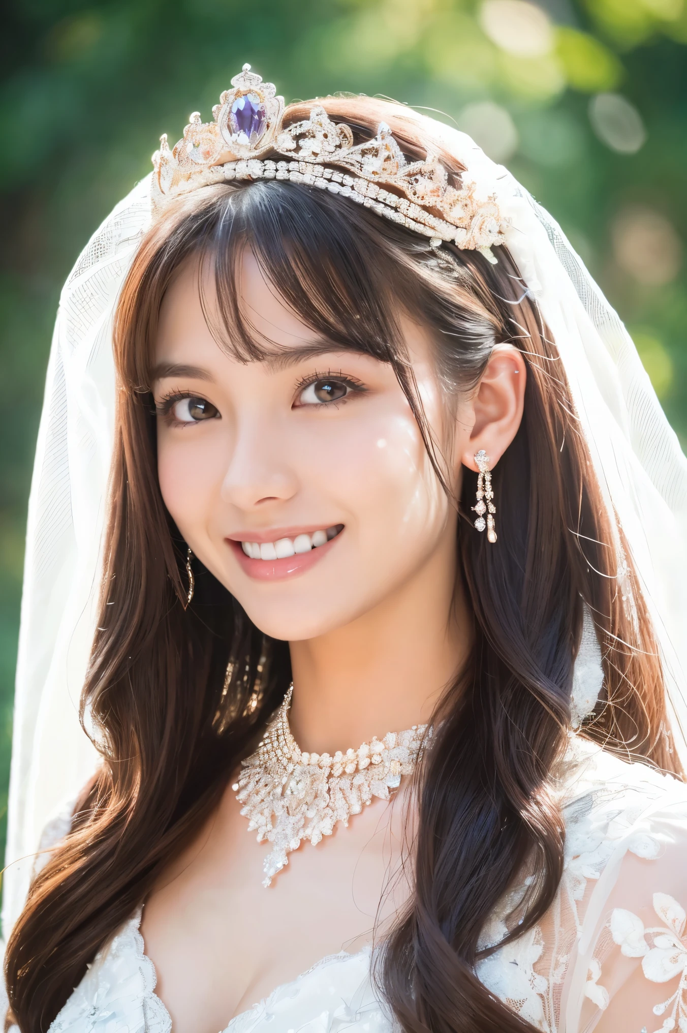 (highest quality、Tabletop、8k、Best image quality、Award-winning works)、One beautiful bride、(alone:1.1)、(The most extravagant and gorgeous huge wedding dresses:1.1)、(Perfect Wedding Lace:1.2)、(The most extravagant and luxurious giant tiara:1.1)、(The most extravagant and luxurious giant necklace:1.1)、The most beautiful smile is looking at me、A wide selection of the finest jewellery、(Bridal upper body photo:1.1)、Perfect Makeup、Long eyelashes、Ultra HD Shining Eyes、Ultra HD Hair、Ultra High Resolution Glossy Lips、Ultra High Resolution Perfect Teeth、Super high resolution beautiful face、(Accurate anatomy:1.1)、(Very bright and beautiful skin:1.2)、(very bright and vivid:1.2)、(Gorgeous wedding venue backdrop:1.1)