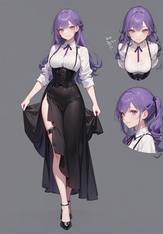 Purple hair,Long hair,Adult female,Bartender,((Body harness)),((Rolling up your sleeves shirt)),(Corset),(Long skirt),(slit),High heels,((Simple background)),Smile,((Full body)),((whole body)),Character Sheet,