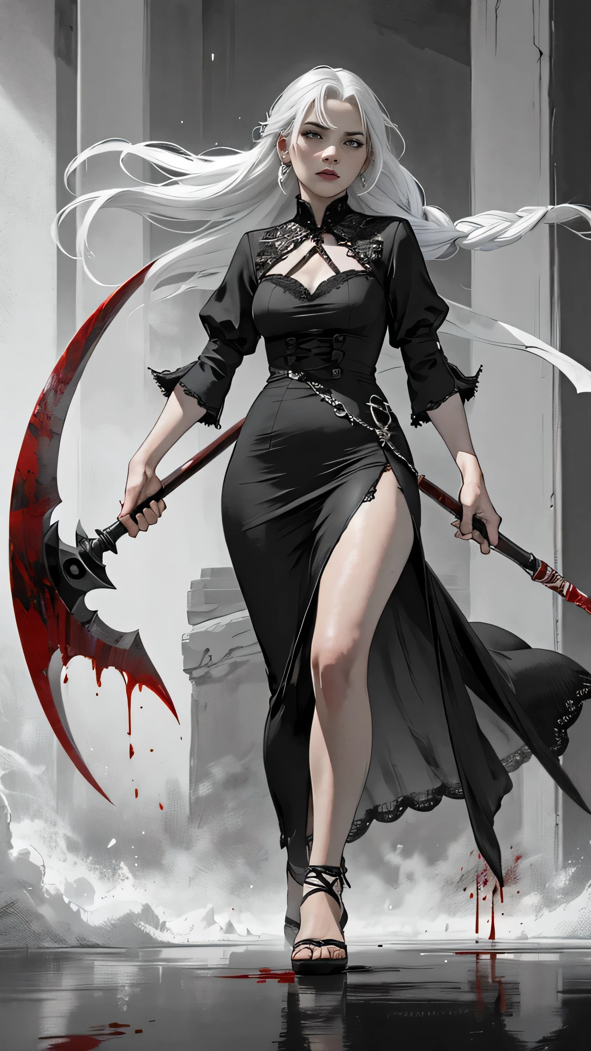 (best quality,high resolution,extremely detailed:1.2),  a lady swinging a blood-stained scythe, disheveled hairstyle, long braids, a woman with dyed white hair, 28 years old, wearing a black short-sleeved dress with white lace at the hem, captivating atmosphere, charming, beautiful, there was a sea of blood at her feet, expressing agility, full body.