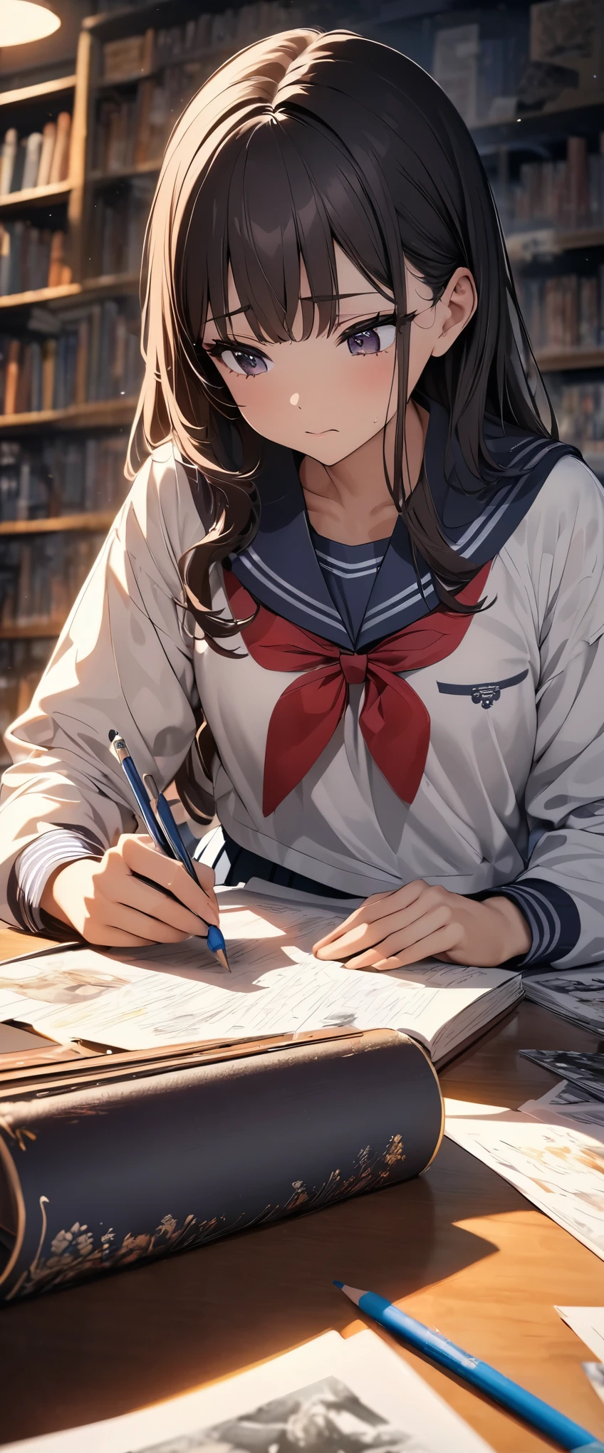 (highest quality, 4K, 8K High Resolution, masterpiece:1.2), Very detailed, one person, woman, (No々Girl studying), (JK, Sailor suit, Pleated skirt),photograph, pencil, paper、Book, teaching materials, concentrated, Tired eyes, Long Hair, Uninterested look, Library Background, a quiet room, Soft lighting, Bright colors, Detailed shading, 微妙なpencilのストローク, ultra-miniature painting, professional, Bright colors, Dark color palette, Soft lighting.