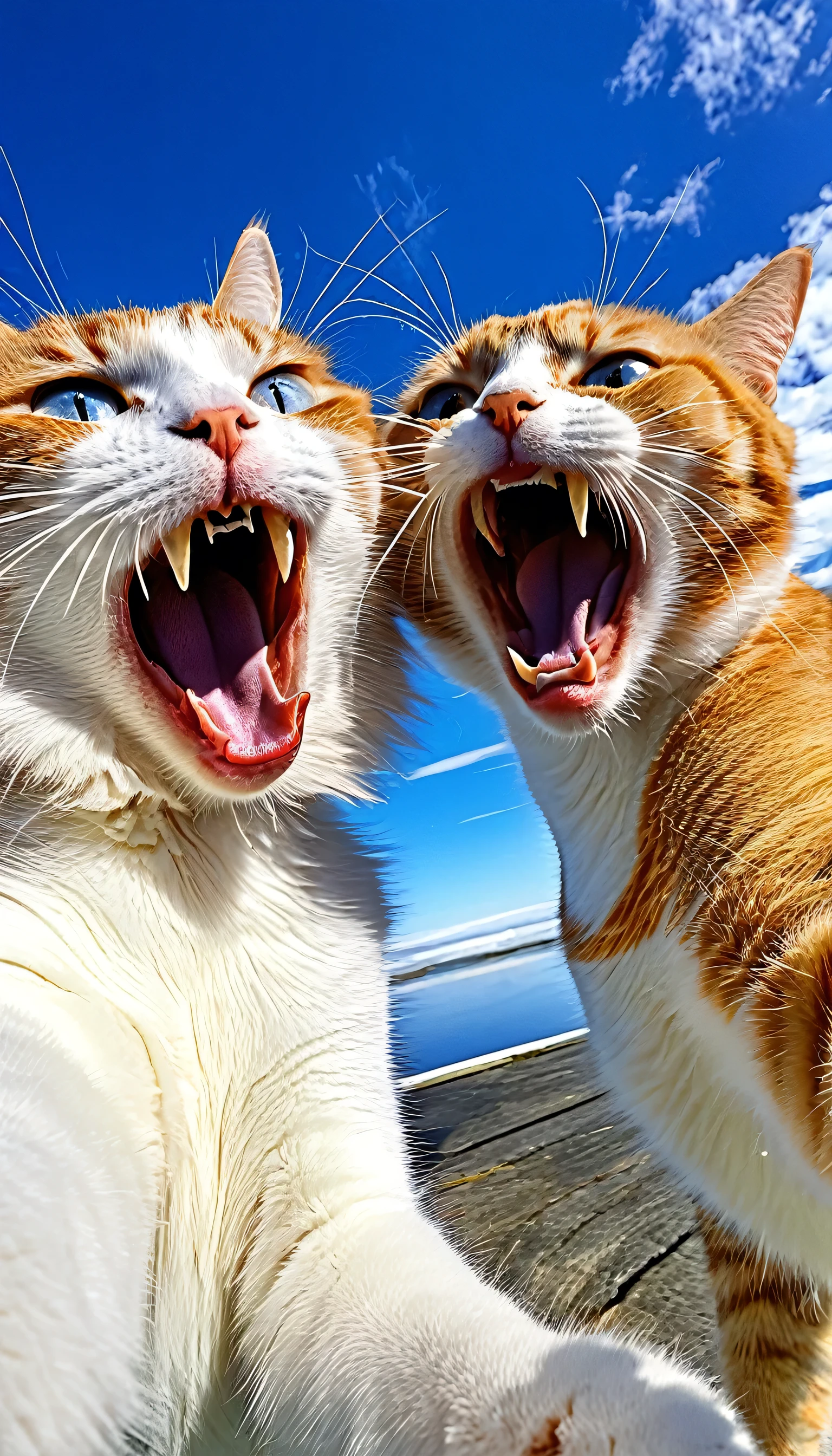 a couple of cats taking a selfie, funny expression, funny, funny face, no_humans, cat, animal_focus,sky, day, looking_at_viewer, animal, open_mouth, slit_pupils, cloud, fangs, blue_sky, whiskers