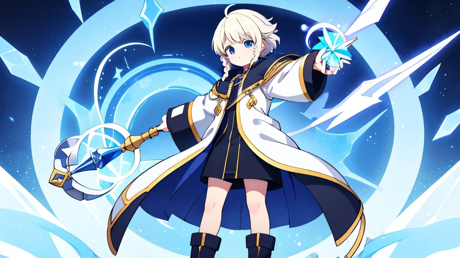 Unknown gender,Age unknown,Platinum blonde curly short hair,Partial long hair braids,Ice Blue Eyes,White coat-like jacket,The clothes inside are navy blue,Boots underfoot,Flying in the sky,Alchemist,He carries a large staff with a red jewel on it.,Casting spells