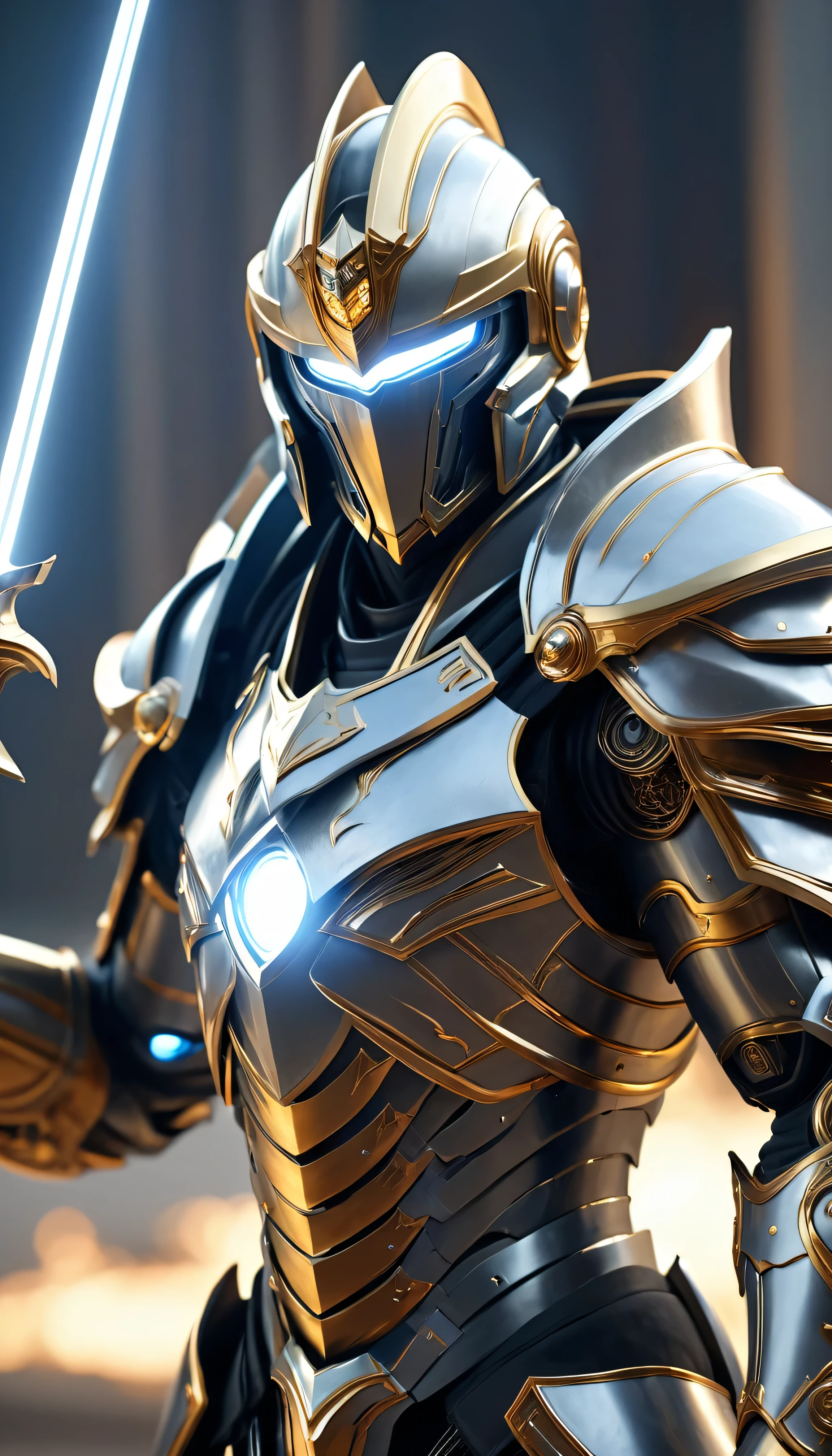 masterpiece， best quality， high quality， （Futurism：1.1）， （Paladin holding the Sword of Light, Light Magic, Holy, Magic Wave, Silver and gold）， Movie Lighting， （Exquisite future）， Pretty and beautiful，Face armor，helmet， Super detailed， great composition， floating， Depth of Field， （Very detailed CG，Unity 8k Wallpaper）， （Beautiful details background）， Beautiful hair details， Dramatic Lighting， Gogita， Mecha，best quality，Ultra-high resolution，Reality