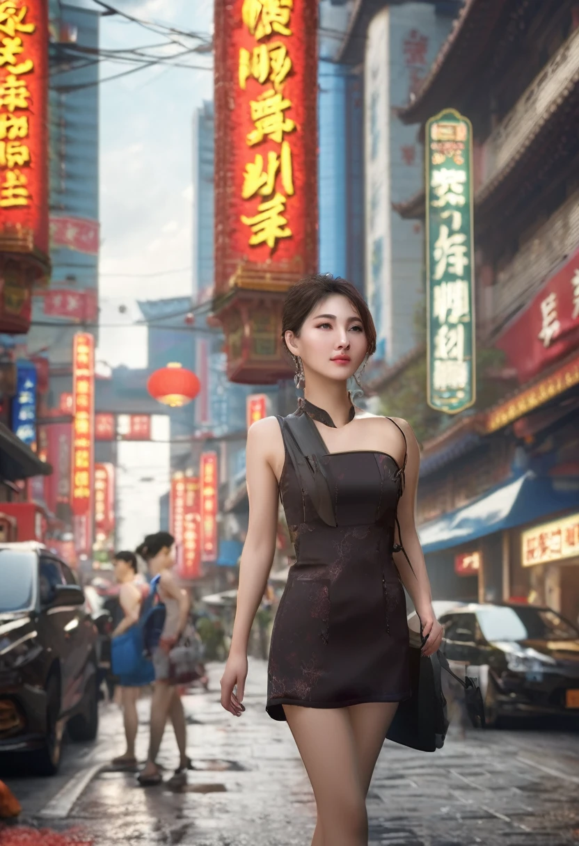 masterpiece, highest quality, 8k, Photographic reality, Realistic, Octane Rendering, Busy streets of China (1 female: 1.4), (There's only one woman on screen: 1.3), (White shirt), (Long golden hair), (Hip wrap skirt), (blue eyes) Upper body display