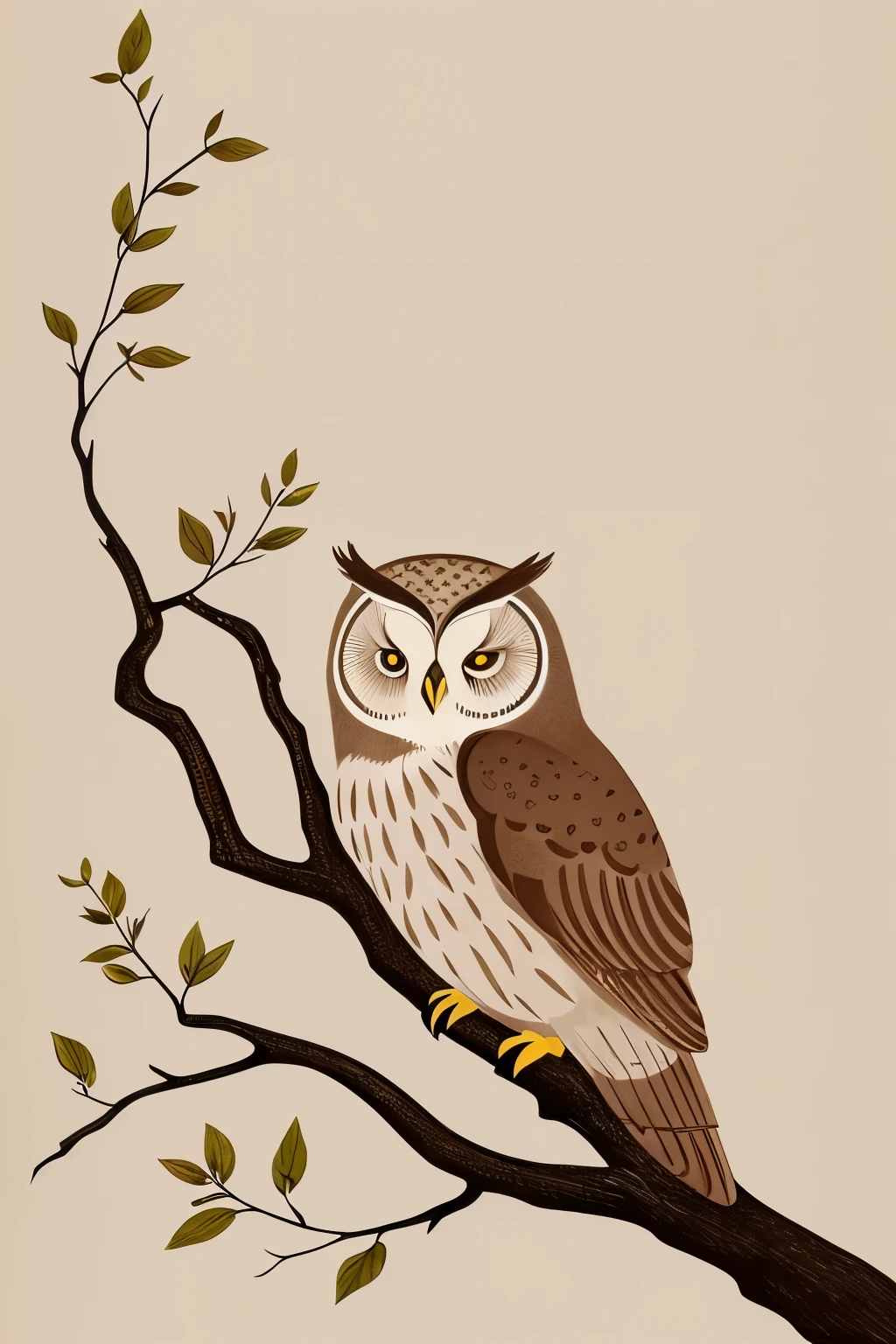 A charming illustration of a minimalist and calm owl (1.5) Perched gracefully on a simple branch (2.1), One wing holds a quirky mug tenderly. (3.2). The owl is surrounded by muted leaves. (4.1), The subtle colours create a calming atmosphere.. Owl's intricately patterned feathers (5.1) Delicate and gorgeous design, It contributes to the whimsical atmosphere of the scene., This illustration provides a fun visual escape..