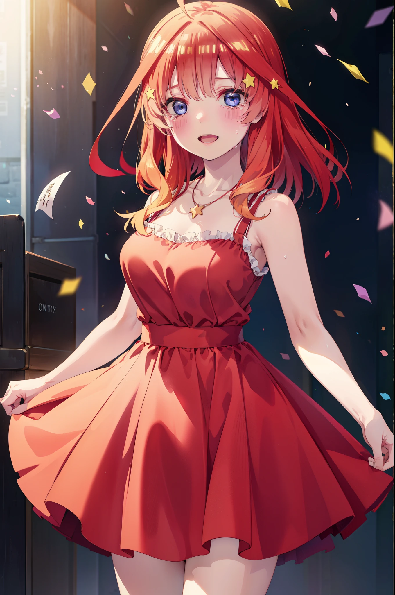 itsukinakano, Itsuki Nakano, bangs, blue eyes, Hair between the eyes, Ahoge, Redhead, star \(symbol\), hair ornaments, tiara,star hair ornaments,smile,blush,Red Dress,Long skirt,Red Pin Heel,Sleeveless,Exposing shoulders,Bare arms,Bare neck,bare clavicle,Heart Necklace,Tears stream down her face,Tears of joy,I cry a lot,holding a large bouquet of flowers in each hand,Confetti,There is a birthday cake on the table,
break indoors, on stage,
break looking at viewer, (Cowboy Shot:1.5),
break (masterpiece:1.2), highest quality, High resolution, unity 8k wallpaper, (shape:0.8), (Beautiful details:1.6), Highly detailed face, Perfect lighting, Extremely detailed CG, (Perfect hands, Perfect Anatomy),