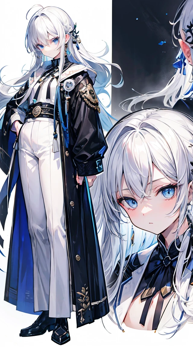 Best quality at best、On the table、The face is perfect、8K high resolution、(1 boy), and soul, and soulの男の子, The white hair, long whitr hair、light blue  eyes, Wear long, The white, Open-top coat, Fixed black waistband、was wearing a The white hood, The white and gold outline, Other upper back wear Ichijo Kinryoko, Serious, 8K, tall, and soul、 Full body illustration,