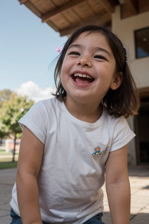 SFW: Little girl ponytails (big breast) using a kindergartens backpack wearing girl scout uniform, on bedroom, happy face, open mouth, clean face, looking to the viewer.