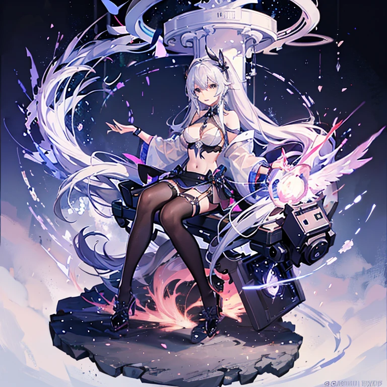 "anime girl, 1 person, silver white hair tied on both sides, light pink purple eyes, wearing cat ear headphones, female shirt, female , tie, black miniskirt, big breasts, smiling, tights, standing cross-legged, side view, (full HD 4K+ image)"