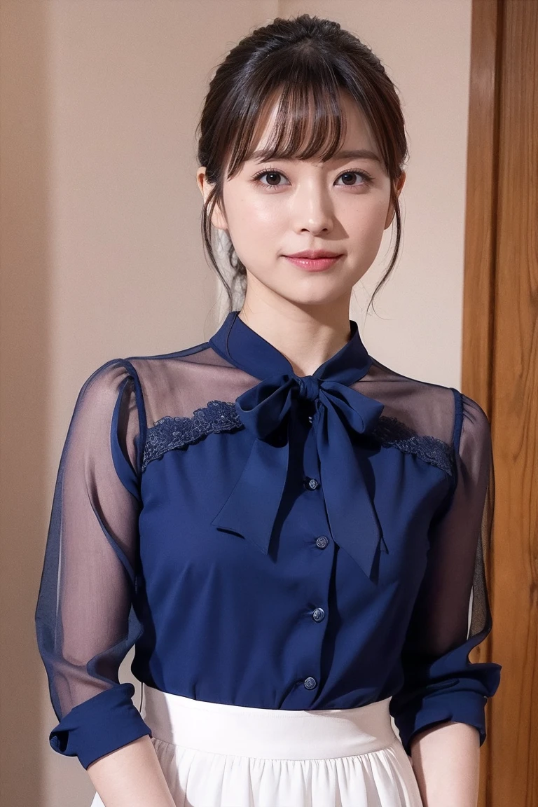 Medium View, Medium Shot, Written boundary depth, bust, Upper Body, Cinematic Angles, masterpiece, highest quality, Very detailed, cg, 8K Wallpaper, Beautiful Face, Delicate eyes, Otome, alone, smile, bangs, skirt, shirt, bow, petal, bouquet