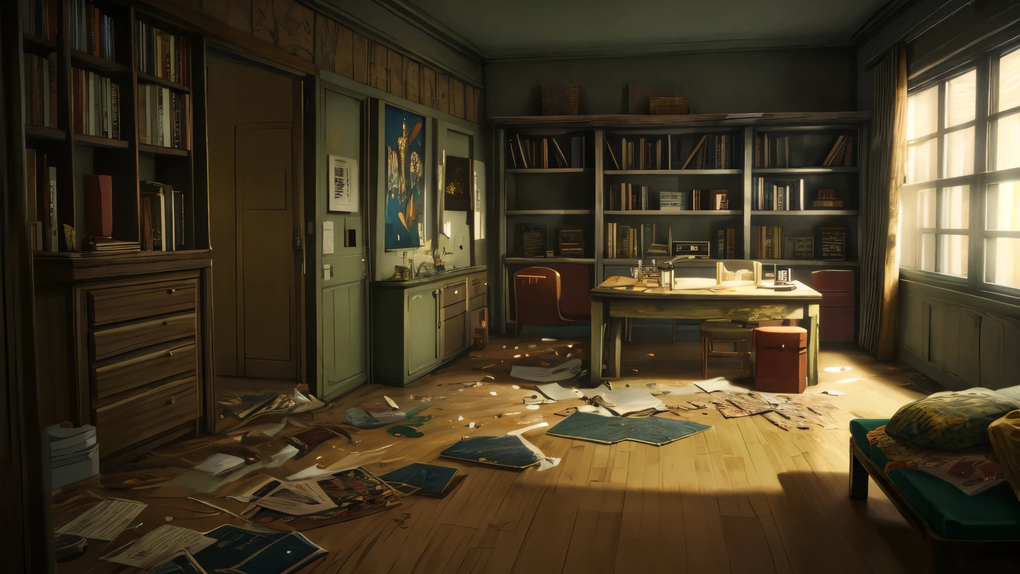 messy room, bookcase, bed, table, masterpieces, HD, high quality, high-quality, high-quality, high-quality, high-details, masterpiece, anime style, anime