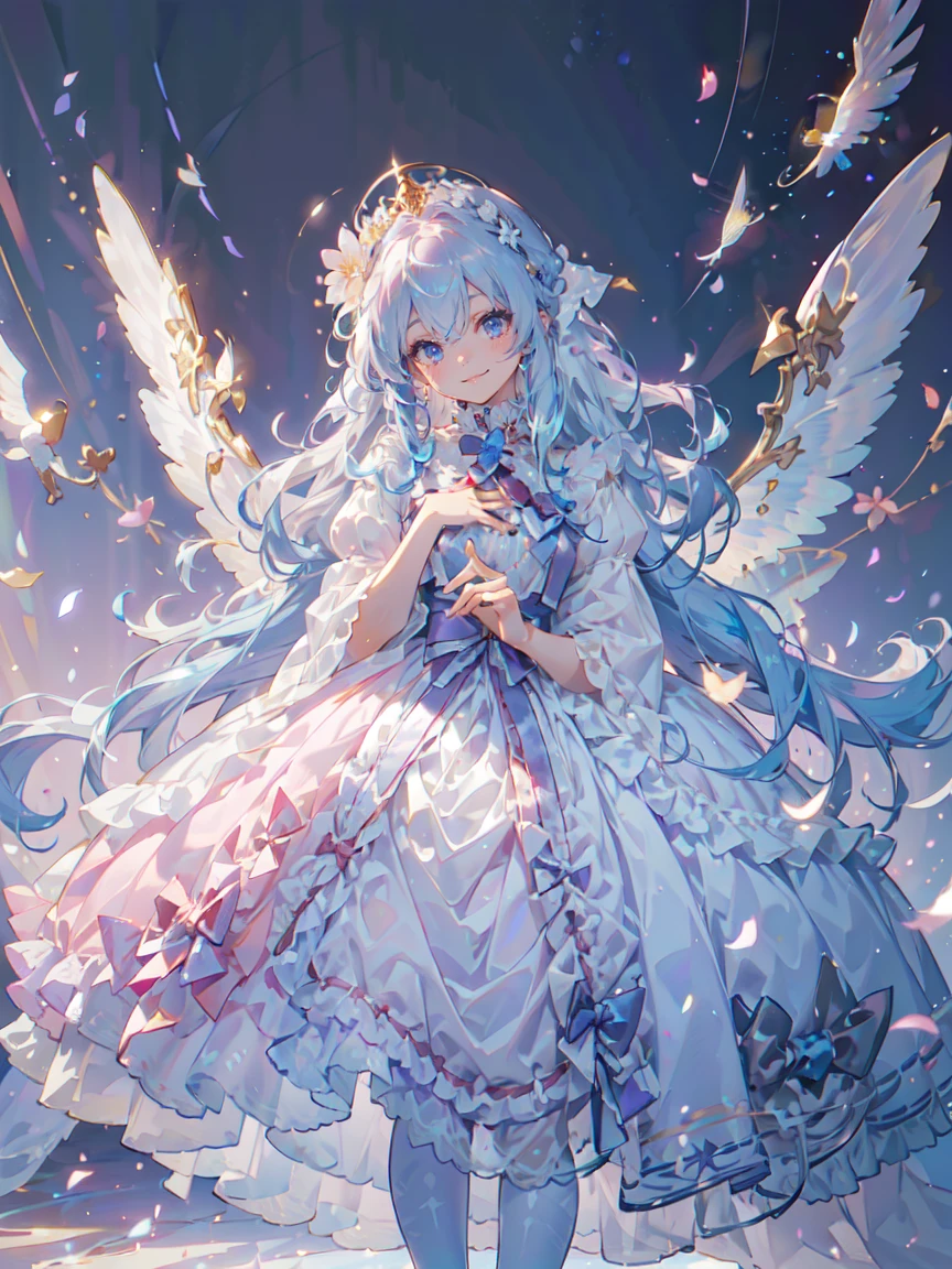 highest quality, Extremely detailed, beautiful, exquisite, 16k, Full HD, disorganized,soft expression,((light smile,Happy:1.5))((Sparkling fluffy layered ball gown)),A large and beautiful dress inspired by rose flowers, lots of flowers、frills、Intricate billowing ball gown with rhinestones ( table top, art station, fantasy art:1.2), See here,standing with an elegant smile,pastel colour,((giant white fairy wings))、gradient hair, light blue hair, hair blowing in the wind, wavy hair,fluffy hair,tiara,lavender eyes, long eyelashes, beautiful eyes、pale pink cheeks,pointy ears, bright pupils, long and thin legs, golden hour, bright light, warm lighting,