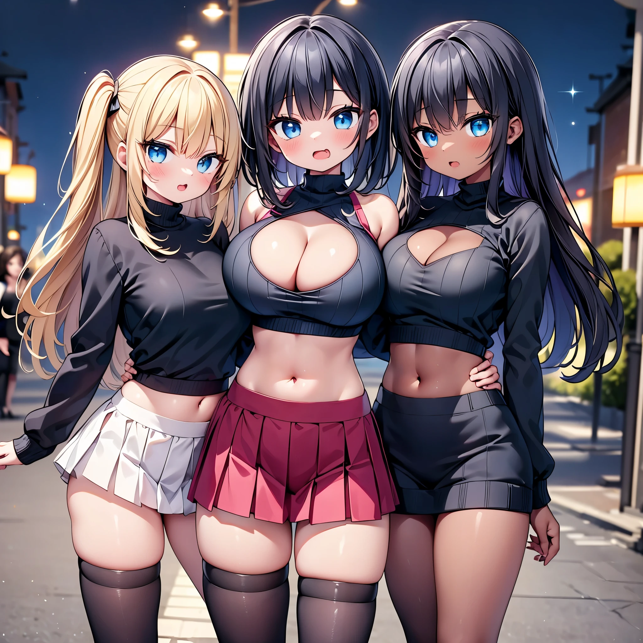 (cute eyes:1.2), (sparkling eyes:1.2), highest quality,wonderful,finely,extremely detailed CG Unity 8K wallpaper, (Stand in line:1.2), (3 girls, cute eyes, Black Hair, blue eyes, (dark skin:1,2), clothed), (black sweater:1.1),  (skinny body:1.1), (huge breasts), (cleavage cutout) ,(crop top navel), (open mouth:1.1), (long tongue:1.1), (mouth drool:1.1), (Black knee socks:1.1),(Thighs:1.2),(Waistline:1.2)