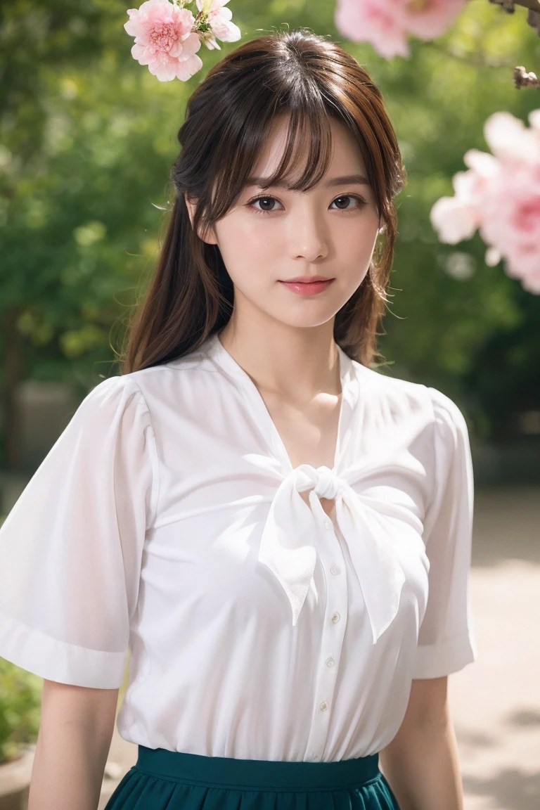 Medium View, Medium Shot, Written boundary depth, bust, Upper Body, Cinematic Angles, masterpiece, highest quality, Very detailed, cg, 8K Wallpaper, Beautiful Face, Delicate eyes, Otome, alone, smile, bangs, skirt, shirt, bow, petal, bouquet
