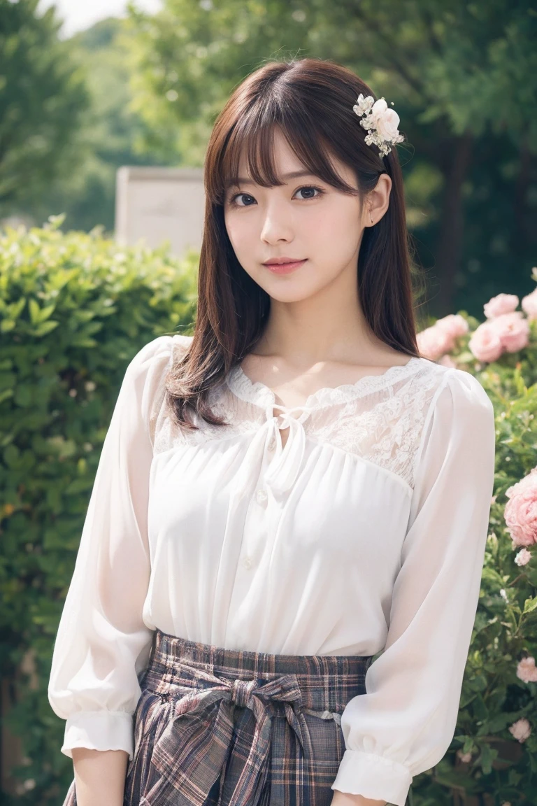 Medium View, Medium Shot, Written boundary depth, bust, Upper Body, Cinematic Angles, masterpiece, highest quality, Very detailed, cg, 8K Wallpaper, Beautiful Face, Delicate eyes, Otome, alone, smile, bangs, skirt, shirt, bow, petal, bouquet