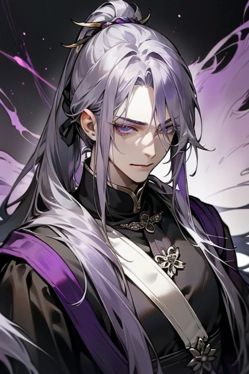 potrait of a boy, purplish-silver hair, messy long bangs, long hair, straight hair, hair tied in a low ponytail, purple galaxy eyes, danfeng eyes, sharp face, black royalty clothes, pale complexion, smug expression, small smile, masculine body, broad and muscular body, masterpiece, exquisitely detailed, royalty