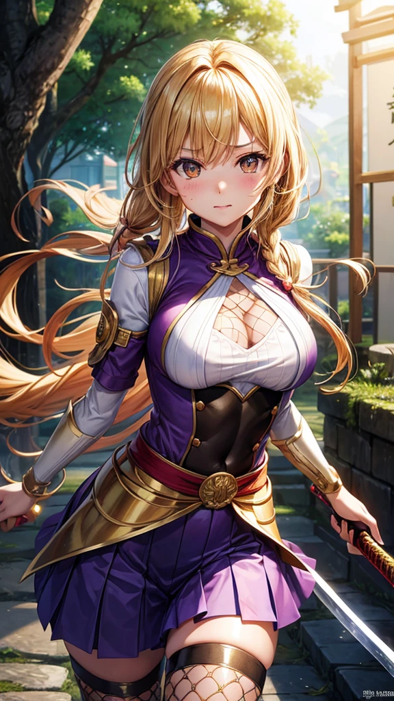 (highest quality)), ((masterpiece)), (Familiar), Perfect Face,Shiny skin,Beautiful breasts,how,Shiny skin、Kyoto Animation style painting、Golden Hair、Golden Eyes、Sunburned skin、night、Holding a Japanese sword、ruins、Combat Stance、Fishnet tights、Braided Hair、spats、inner、Kunoichi clothes、Purple clothes、Wearing a golden aura、Sparks fly、shock wave
