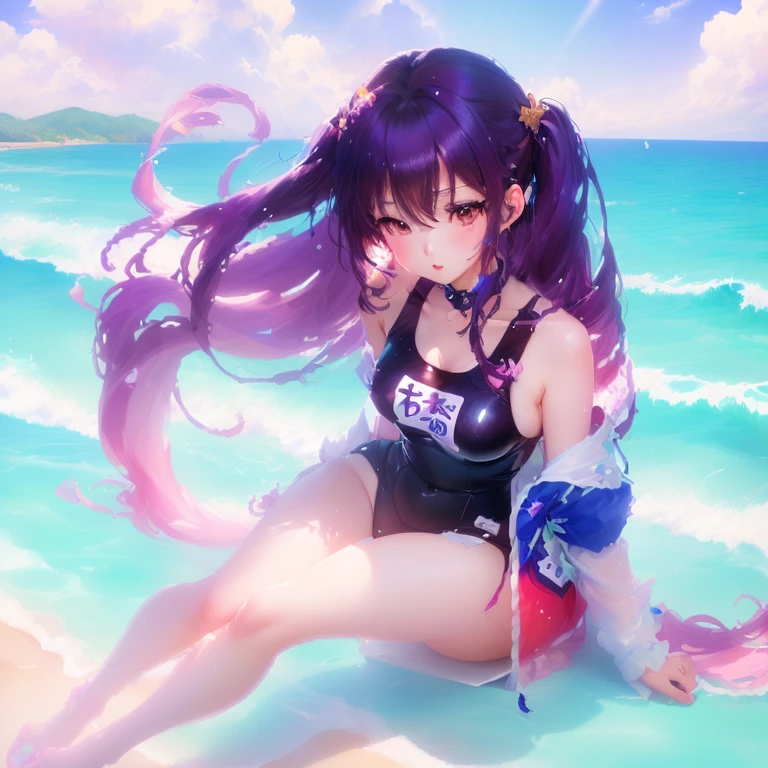 Ultra-realistic 8k CG, Masterpiece, best quality, (realistic:1.4), nonsense, very detailed,
The real me., like life, bright scene, Dark theme, seductive pose, In red eyes, sparkling eyes, Silver-black hair, Medium purple hair color, long ponytail, lace hair accessory, Pink Bikini Swimsuit Set, Bikini set with skirt and swimsuit decorated with beautiful lace, At the seaside, beautiful sandy beach, Magic Light, from the side