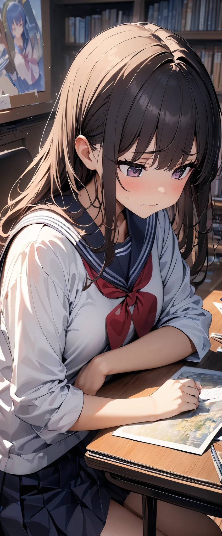 (highest quality, 4K, 8K High Resolution, masterpiece:1.2), Very detailed, one person, woman, (No々Girl studying), (ＪＫ, Sailor suit, Pleated skirt), photograph, pencil, paper、Book, teaching materials, concentrated, Tired eyes, Long Hair, Troubled face, Library Background, a quiet room, Soft lighting, Bright colors, Detailed shading, 微妙なpencilのストローク, ultra-miniature painting, professional, Bright colors, Dark color palette, Soft lighting.