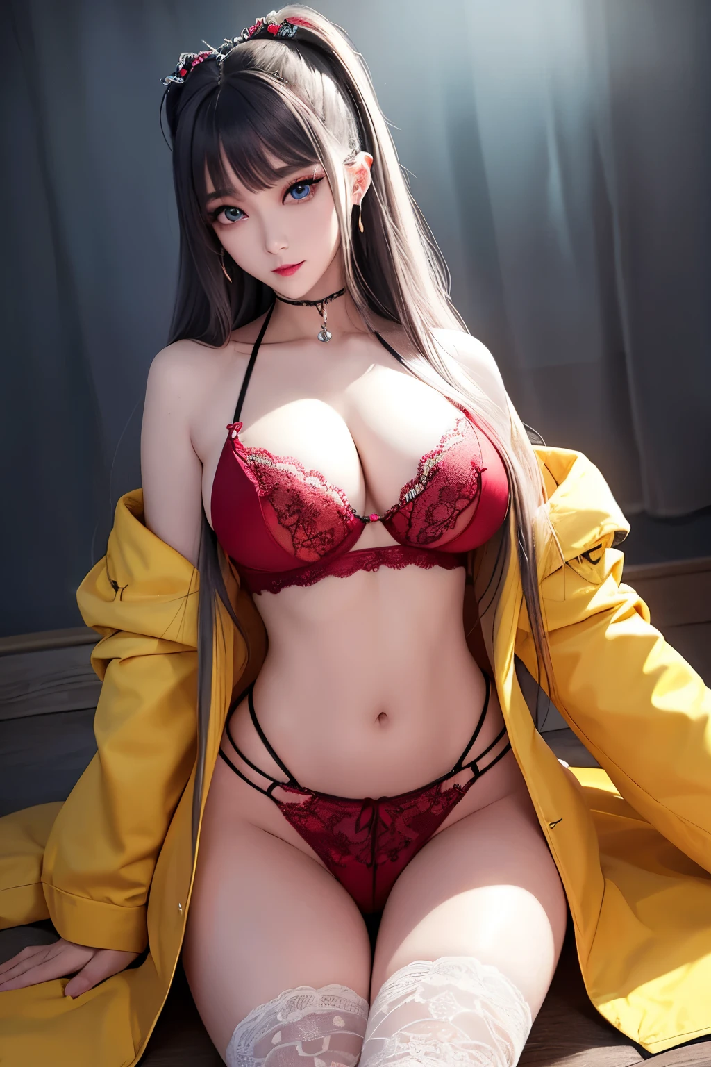 Top image quality、Raw photography、A high resolution、20-year-old cool Korean、big round chest、Beautiful Eyes of Details、very elongated eyes、Beautiful eyelashes、Beautiful double eyelids、eyeshadows、Nipple Ring, sexy lace underwear, yellow, red, big breasts, long legs, medium thighs, see-though thin silk coat,