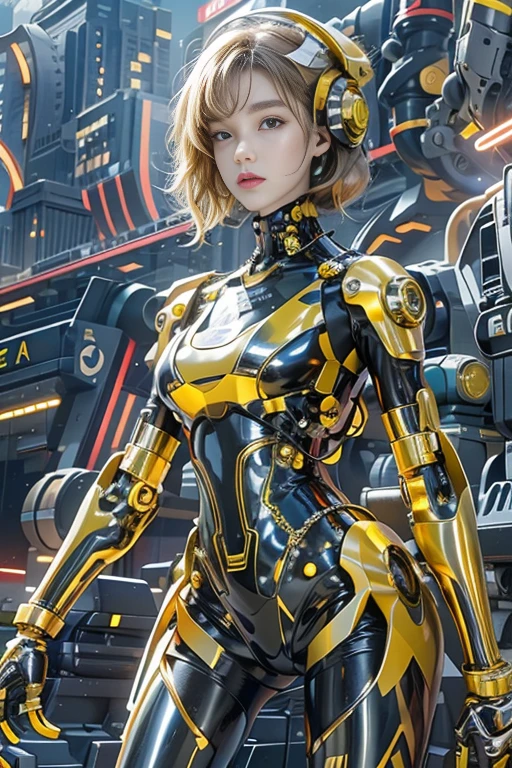 optical reality,hips up,Girl in futuristic cybernetic costume,YellowOctopus metal robot cyberMachinery,Battlefield backdrop