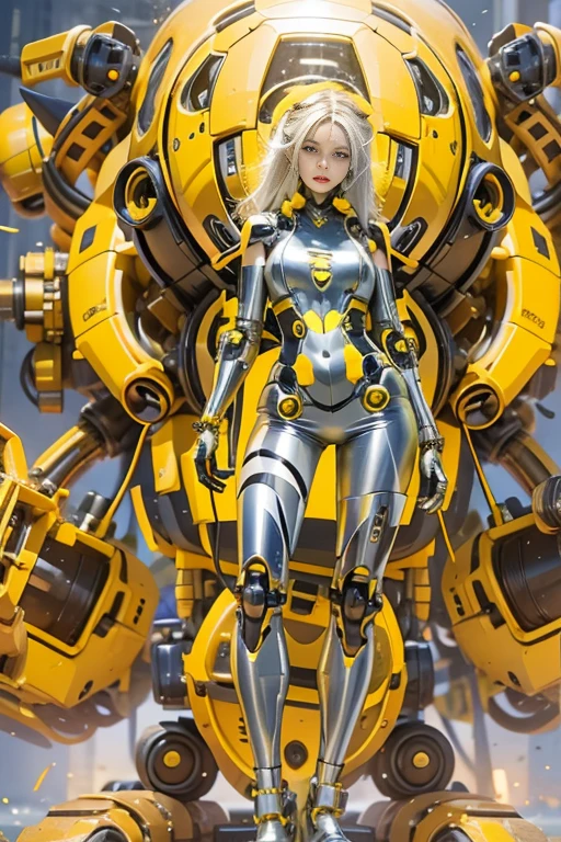optical reality，hips up,Girl in futuristic cybernetic costume，YellowOctopus metal robot cyberMachinery,Battlefield backdrop