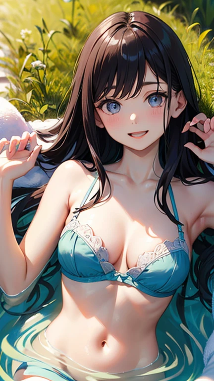masterpiece, highest quality, One Girl, View your viewers, Small waist, RAWphotograph, Ultra-realistic, High resolution, photograph, Sharp focus, Most detailed, very detailed eyes,Very detailed hand、Idol、Thighs, beautiful girl,Small waist,Symmetrical face, whole body、bath towel、Cleavage、Large Breasts、Beautiful clavicle、Long Hair、Open Thighs、Beautiful belly button、Beautiful Cleavage、Shaking breasts、After bath、Grass、Shyness、Happy expression、Embarrassing expression、Lying down