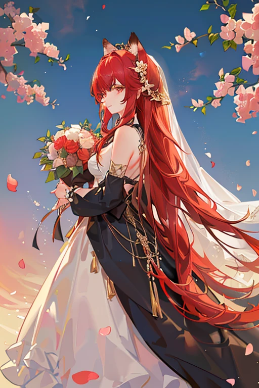 Red long-haired,Red fox ears,Golden eyes,wedding gown,flower bouquet,blossoms,flower sea,Stroll through the flower fields
