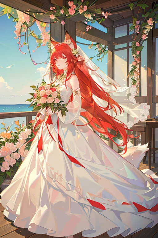 Red long-haired,Red fox ears,Golden eyes,wedding gown,flower bouquet,blossoms,flower sea,Stroll through the flower fields