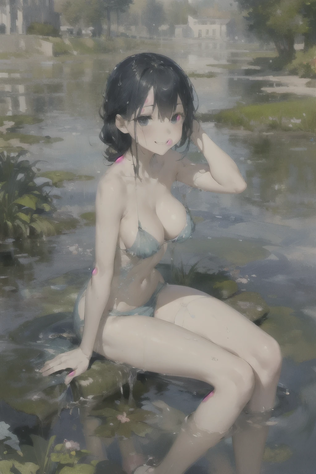 absurd , high resolution, Super detailed, (8--old l:1.3), Big Breasts，Happy, rest, Sundress, Ink Cap, Mary Jane Shoes, rest, Rich gradients, Extreme colors, Extreme details, Clear light perception, rest, (many, Impressionism, painting), Anime Characters, rest, Open your legs,Fluid between thighs、flowing liquid，Exposure、Disheveled、Clothing that fits snugly,Chest contour、(((Wet clothing))),Tube Top，(((Ultra-thin clothing))),(Body model),((Flesh outline)),Grinning, blush,Hyperactive expression,