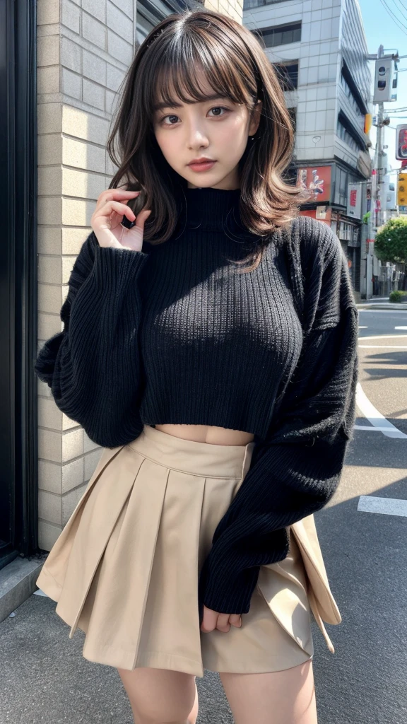 muste piece, best quality, illustration, Super detailed, fine details, High resolution, 8K,wall paper, perfect dynamic composition,(Details High quality, realistic depiction of eyes:1.3), short hair, (wavy hair:1.2), Gorgeous and stylish black fluffy latest trend Tokyo winter clothes, wool sweater, A-line skirt, Layered Cut, black hair color, Big Natural Color Lip, sexy pose, crying a little、cold gaze, Harajuku style、20 year old girl、cute type、lolita, hposing Gravure Idol, full body photo、focus on crotch, large breasts