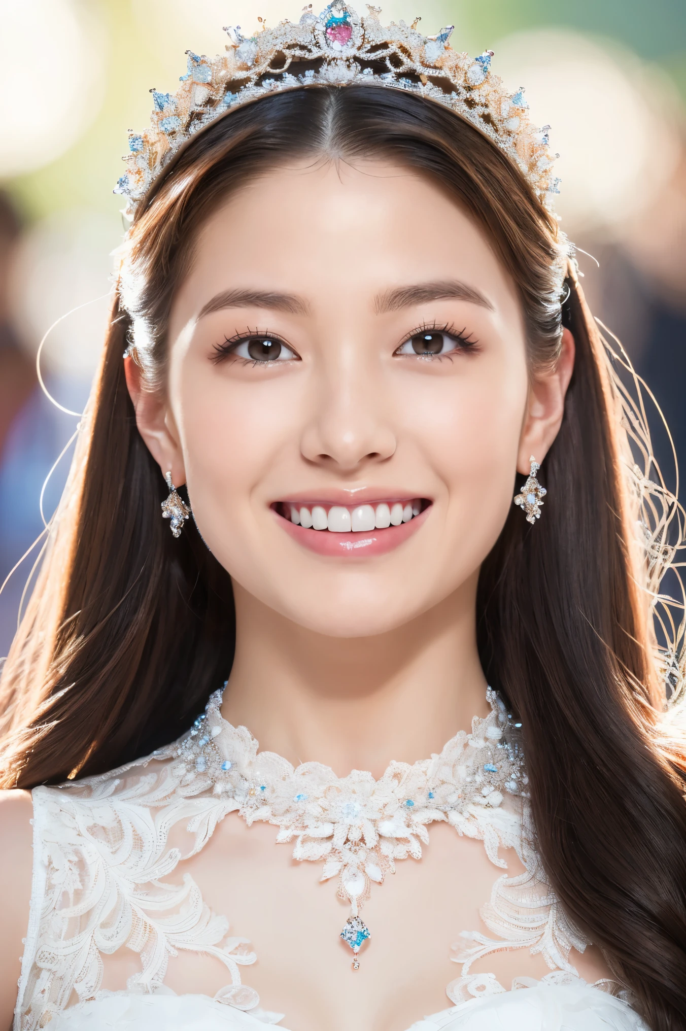 (highest quality、Tabletop、8k、Best image quality、Award-winning works)、One beautiful bride、(alone:1.1)、(The most extravagant and luxurious huge wedding dresses:1.1)、(Perfect Wedding Lace:1.2)、(The most extravagant and luxurious giant tiara:1.1)、(The most luxurious and luxurious giant necklace:1.1)、The most beautiful smile looks at me、A large amount of the finest jewelry、(Full body photo:1.3)、Perfect Makeup、Long eyelashes、Ultra-high definition sparkling eyes、Ultra HD Hair、Ultra High Resolution Glossy Lips、Ultra High Resolution Perfect Teeth、Super high resolution beautiful face、(Accurate anatomy:1.1)、(Very bright and beautiful skin:1.2)、(very bright and vivid:1.2)