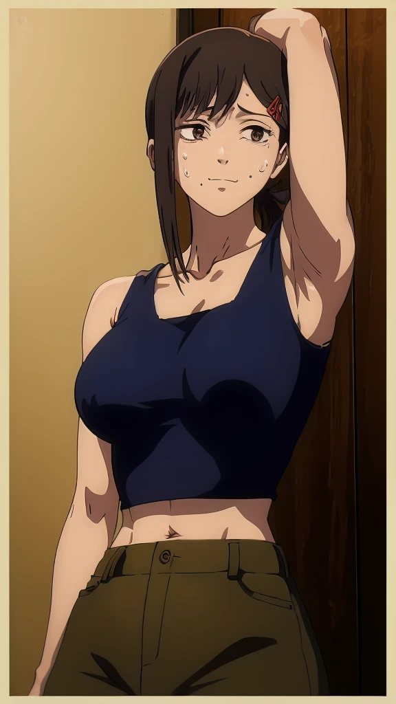 a picture, inspired by Kentaro Miura, trending on pixiv, Kobeni from Chainsawman anime, wearing a low cut croptop, wearing croptop, croptop, golden raito, (winking), large)}], favorite scene, fine details. anime. skins, sweating, big breasts, both hands raised, armpits, armpits visible, dripping with sweat, more more sweat, sweaty armpits, smile