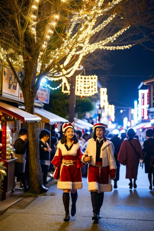 Best of the best, ultra high definition, 8K, 16K, 32K, Meiji era Japan, town at night, townspeople coming and going, townspeople in period costumes, Christmas lights shining, light colors throughout.