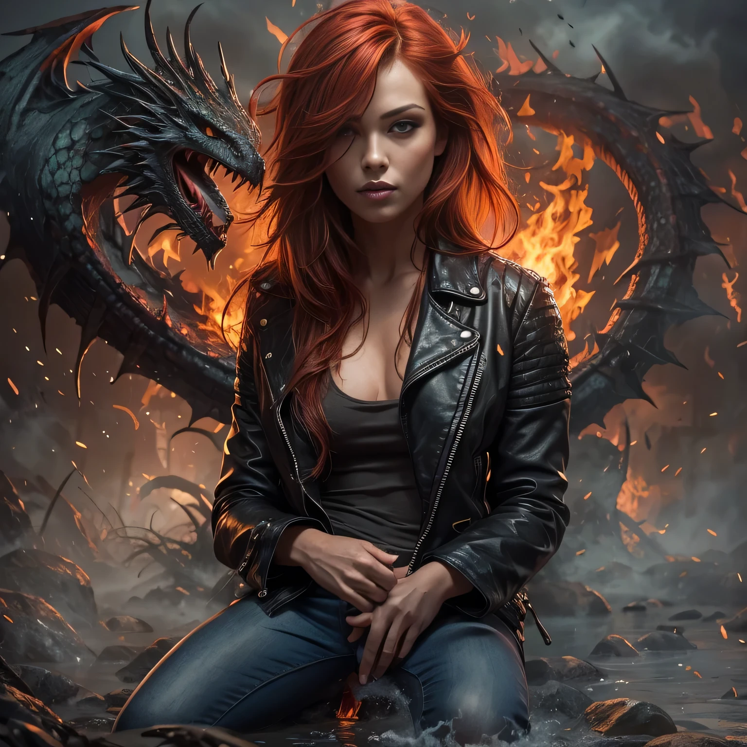 leather open jacket,flared jeans, no shirt, no bra, naked, redhead, gratifying pleasure,swamp,drowning,lustful,desire,boots,seductive expression,sensual water,mysterious atmosphere,vivid colors,highres,moody lighting,contrast,eroticism,smoky ambiance,edgy,emotional intensity,powerful,passionate,model-like appearance,vulnerability,painting-like,gritty realism, dragon, misty, fire, smoke