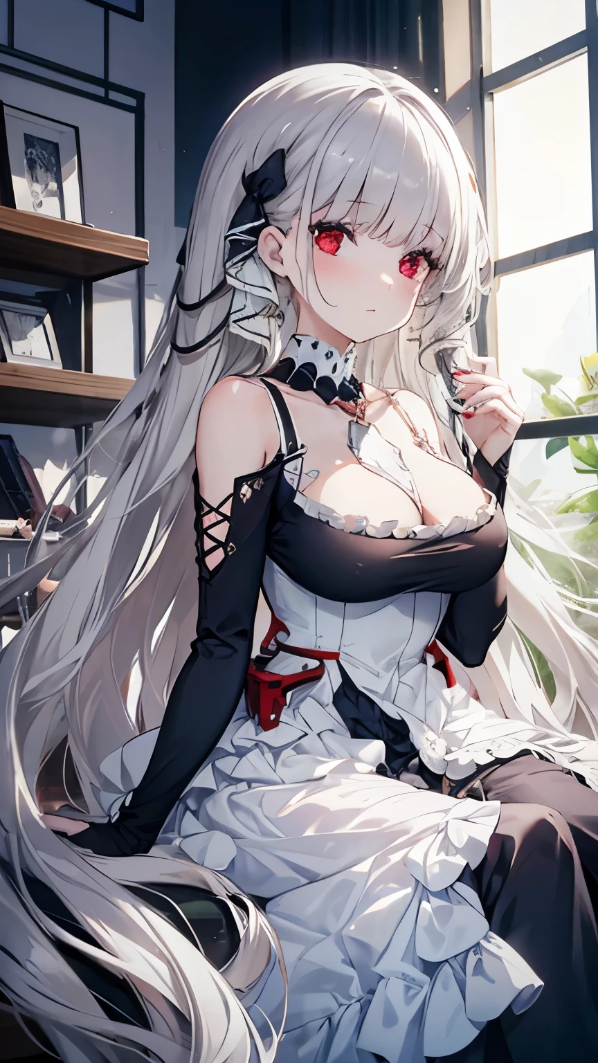 ,Girl,Best image quality,,Silver Hair,,Red Eyes,,White skin,Long Hair,Straight Hair,Western-style building,indoor,Lily flower,dress,Black tea,Frills,,