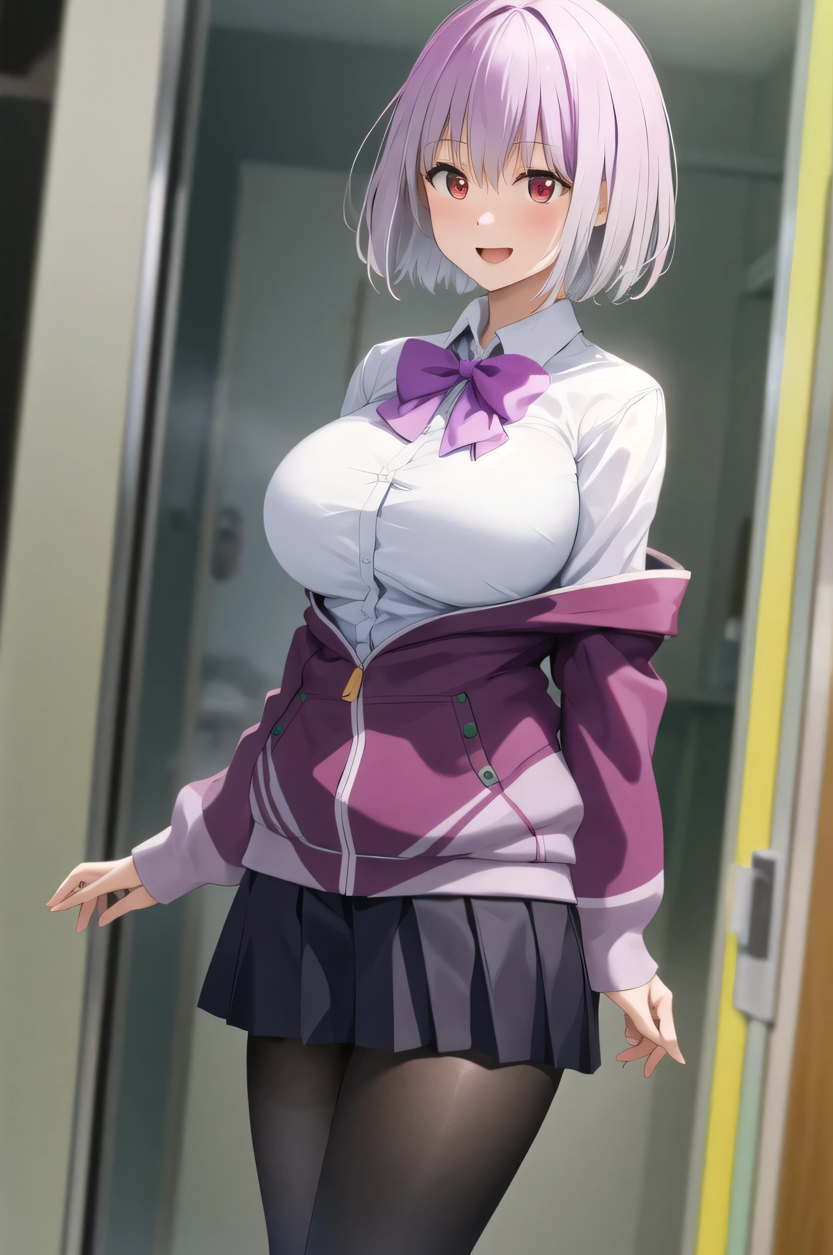 masterpiece, highest quality,best quakity, High resolution, Ah Akane, short hair, Red eyes, Large Breasts, Purple bow tie, Collared shirt, White shirt, Off the shoulder, Purple Jacket, Partially defrosted, Long sleeve, Sleeves are longer than the wrist, Pleated skirt, Black Skirt, pantyhose, Cowboy Shot, Are standing, evil,huge laugh,