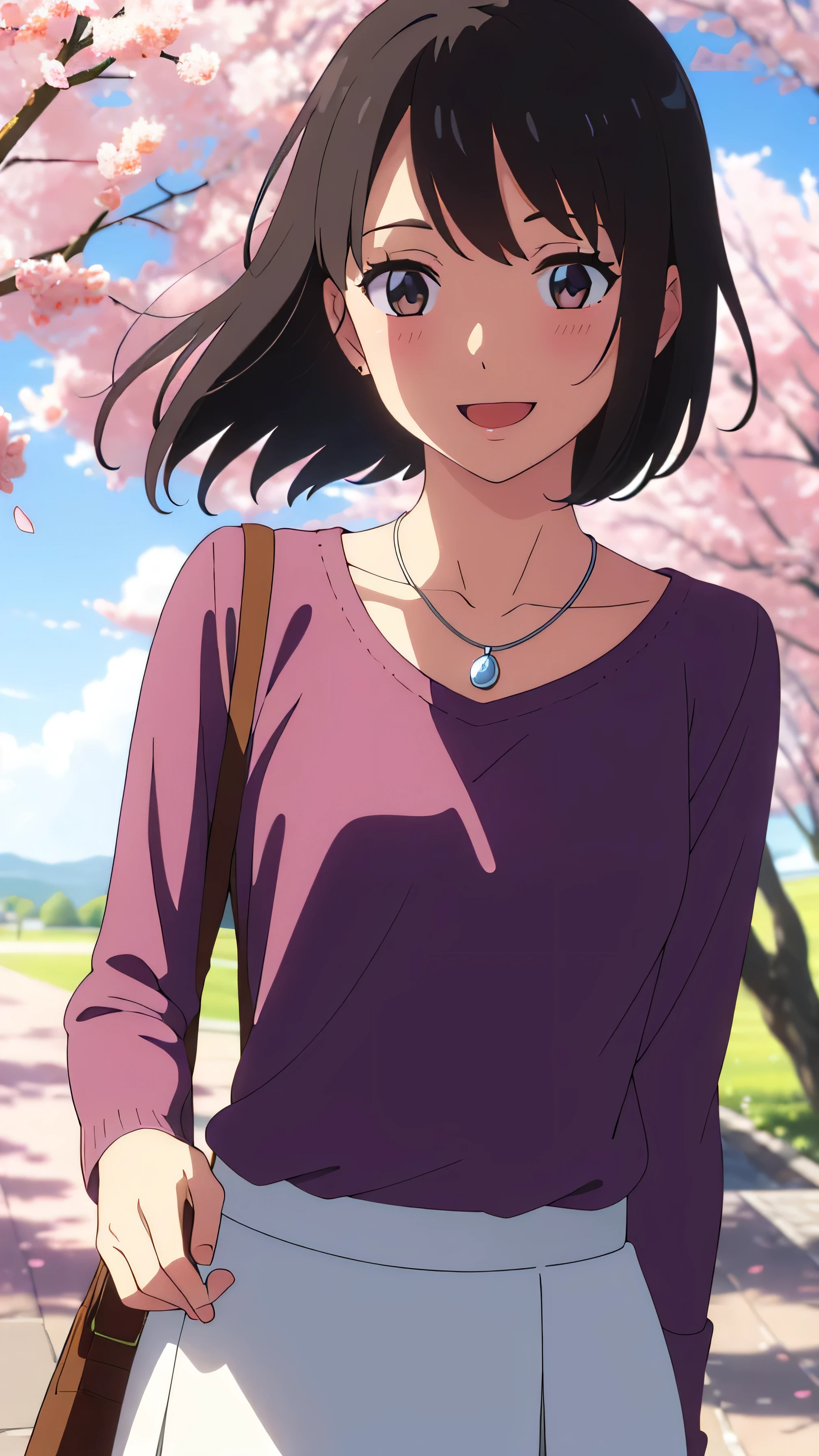 (masterpiece, best quality, high quality, highres, ultra-detailed), shinkai makoto, kimi no na wa., 1girl, bangs, black hair, blush, bright eyes, brown eyes, headband, looking at the viewer, red bow, red headband, red ribbon, dress, white dress, short hair, medium breasts, solo, day, Outdoors, shinny skin, smile, happy, :D, bracelet, necklace, cherry_blossoms, falling_petals, petals, branch, pink_flower, blue_sky, sunlight, spring_season, wind, tree, upper-body portrait
