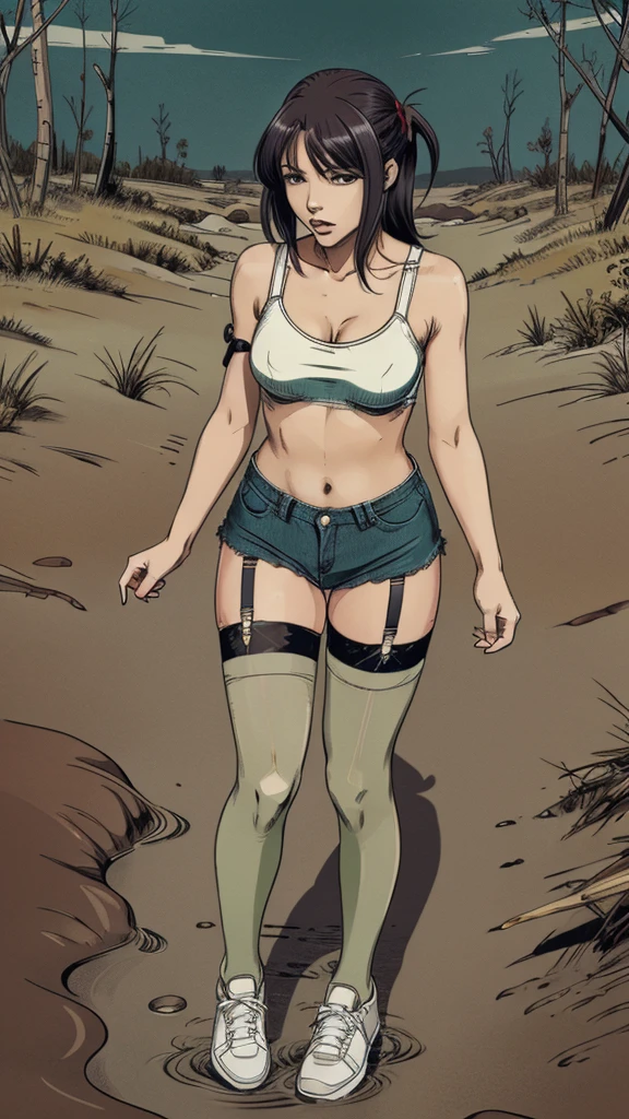 vector image, anime, girl, gloomy orgasm, sneakers and crop-top and denim shorts and (dark nylon stockings with garters), near quicksand bog, green,red, provocative sexy pose, full body