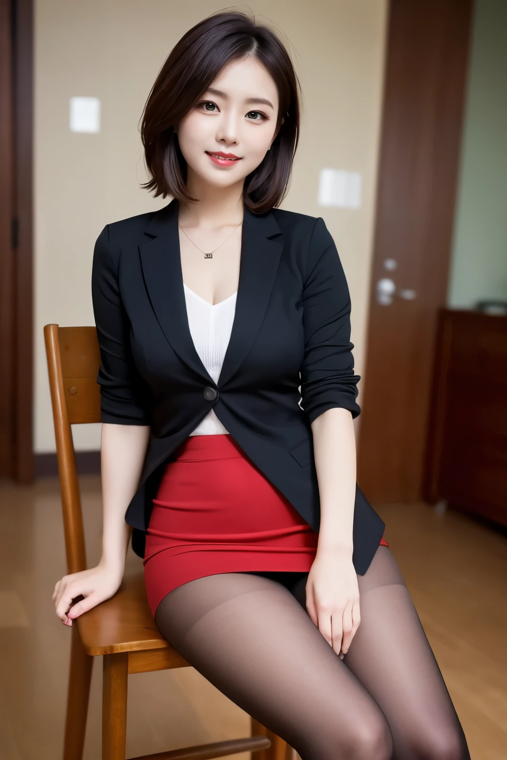 Mastepiece, highest quality, figure, Very detailed, Fine details, High resolution, 8k wallpaper, Perfect dynamic composition, Beautiful and delicate eyes, suit,short hair,Natural color lips, Sit on a chair,Crossing your legs, smile、25-year-old woman,Red Eyeshadow,Wearing pantyhose,Formal tight skirt