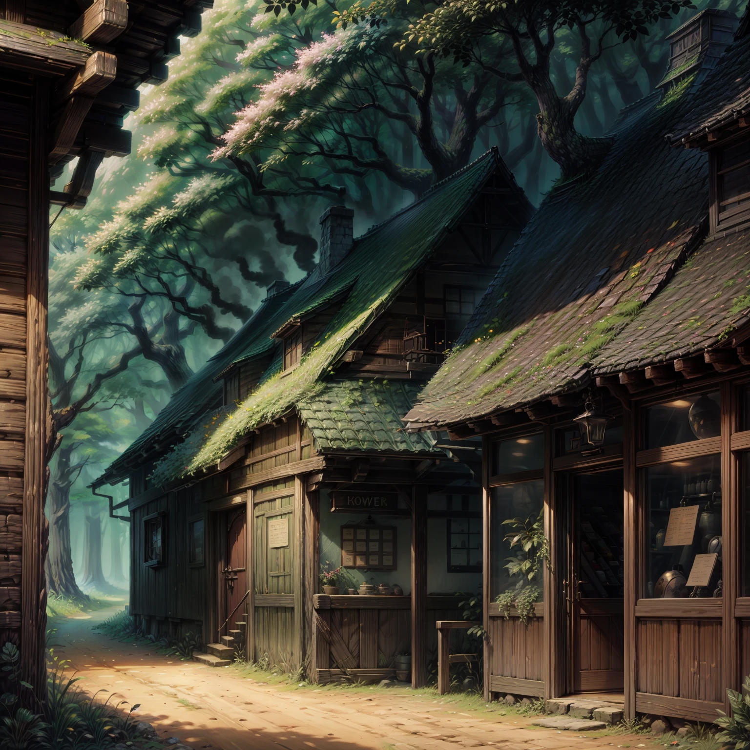 best quality,Masterpiece,The forest is peaceful and lonely. There is a shop in a large forest in the middle of a valley.