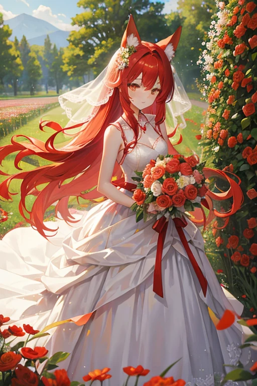 Red long-haired,Red fox ears,Golden eyes,wedding gown,flower bouquet,blossoms,flower sea,Stroll through the flower fields