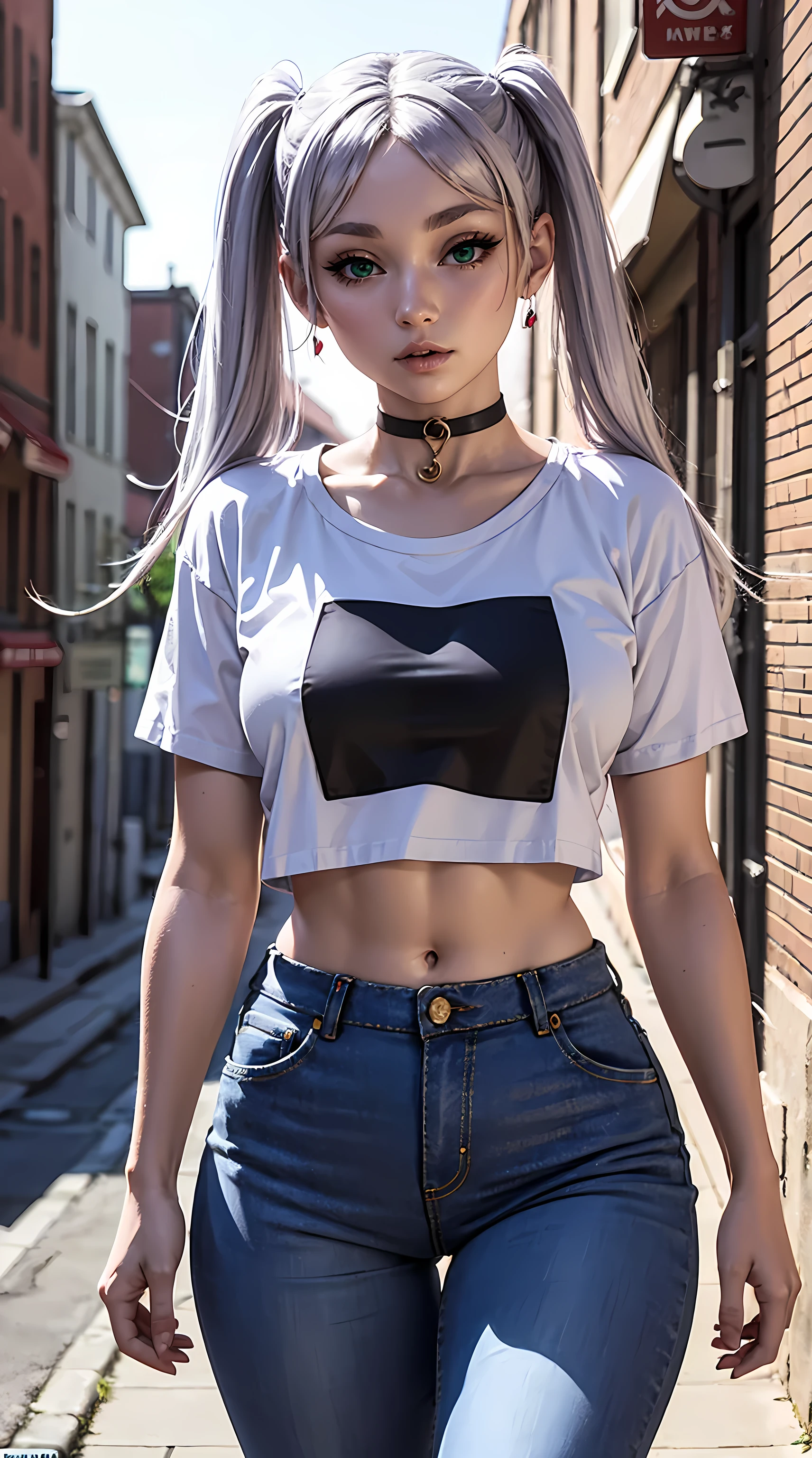 Beautiful white hair woman is shown to have a tiny figure, she is wearing a nsfw crop tshirt and jeans, choker, serious look, green eyes, twin tails, girl walking down a street ,sexy session, sexy pose, cowboy shot, superior quality, many details, realistic