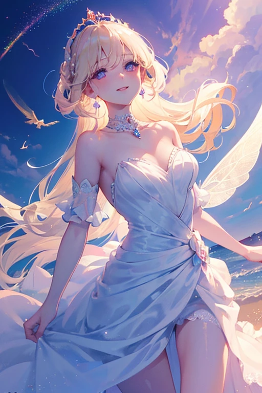 (highest quality, masterpiece, Super detailed, very detailed, exquisite, 16k,Full HD),A little closer,golden ratio,dramatic lighting,pastel colour,looks fun,fly in the sky,soft lighting, ((alone:1.5)),blue sky,rainbow,White cloud,fluffy clouds,above the clouds,((head shot)),The magic of the rainbow,(fairy princess, purple eyes, long eyelashes,white skin,slim,Pale pink plump lips,pale pink cheeks, The wind is blowing,blonde,thin and long,(thin and high nose,small nose),(Huge fairy wings from just above the waist),Diamond tiara,diamond earrings,Diamond Earrings,Diamond Choker,(white ball gown dress:1.1), pure white lace and frills,(smile:1.2), (fantasy, romantic atmosphere), magic light,