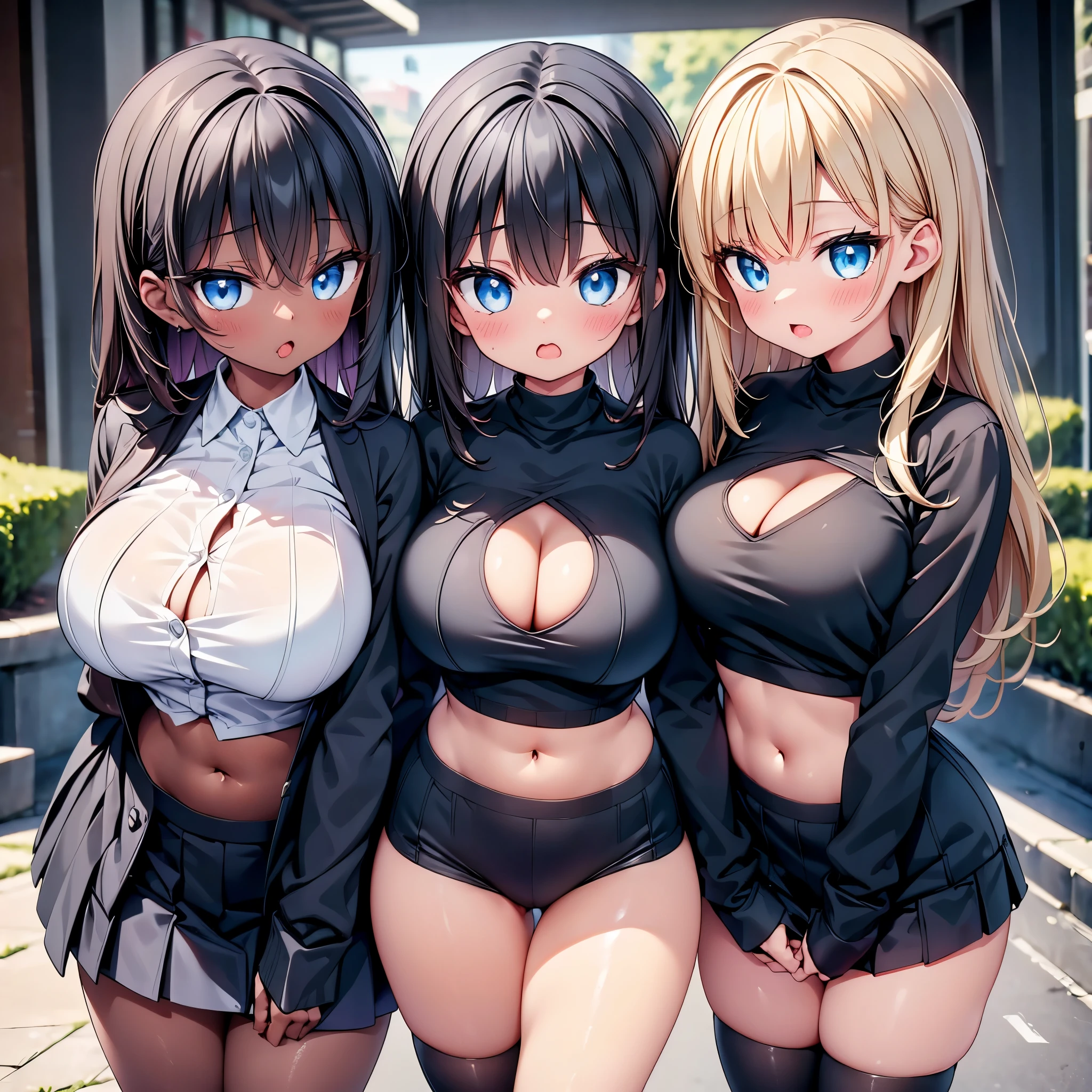 (cute eyes:1.2), (sparkling eyes:1.2), highest quality,wonderful,finely,extremely detailed CG Unity 8K wallpaper, (Stand in line:1.2), (3 girls, cute eyes, Black Hair, blue eyes, (dark skin:1,2), clothed), (black sweater:1.1), (huge breasts), (cleavage cutout) ,(crop top navel), (open mouth:1.1), (long tongue:1.1), (mouth drool:1.1), (Black knee socks:1.1),(Thighs:1.2),(Waistline:1.2)
