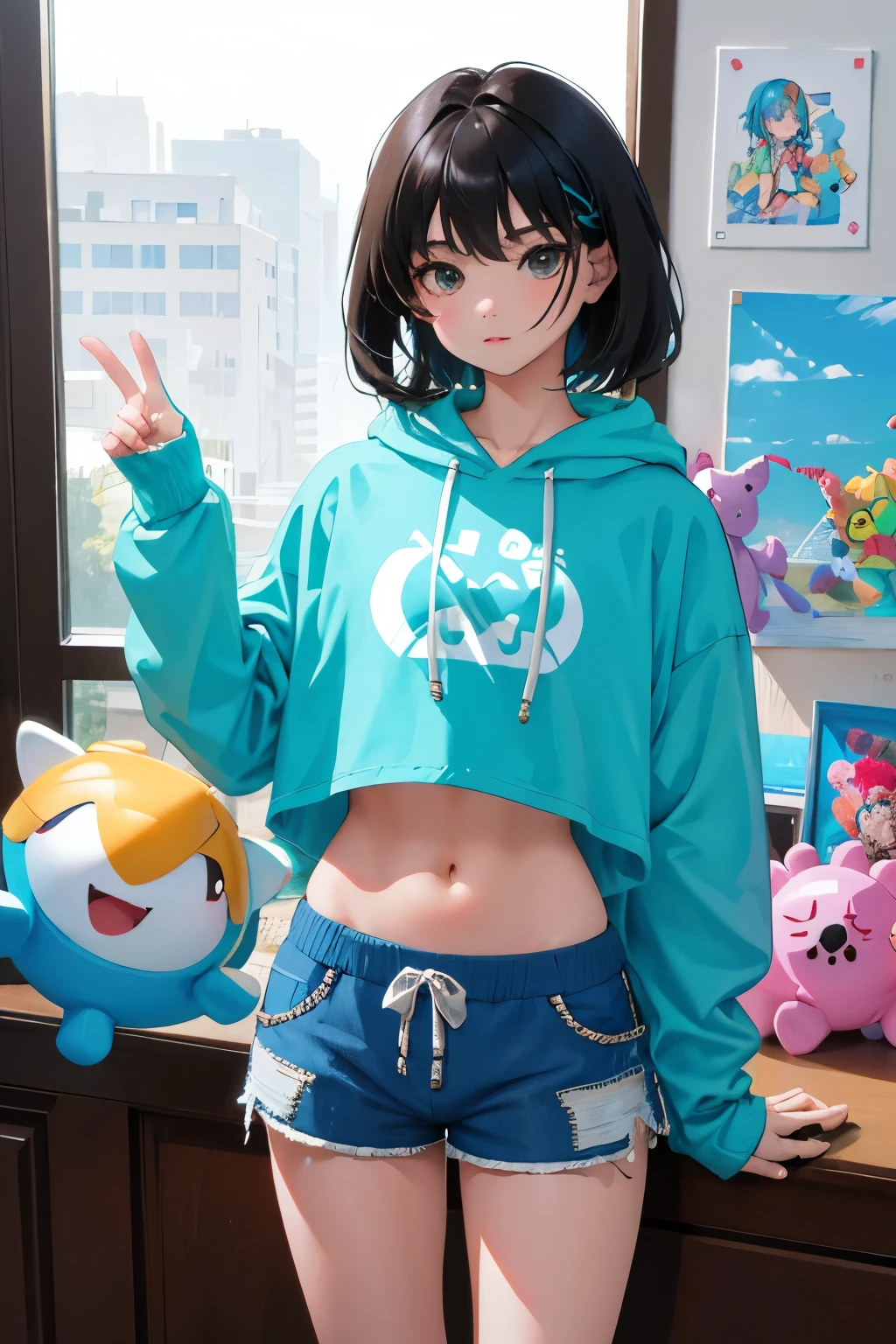 (child)，（​masterpiece，Highest Quality），Crop Top Look，Turquoise Hoodie，(Gingham Check Shorts)，A dark-haired，World of toys