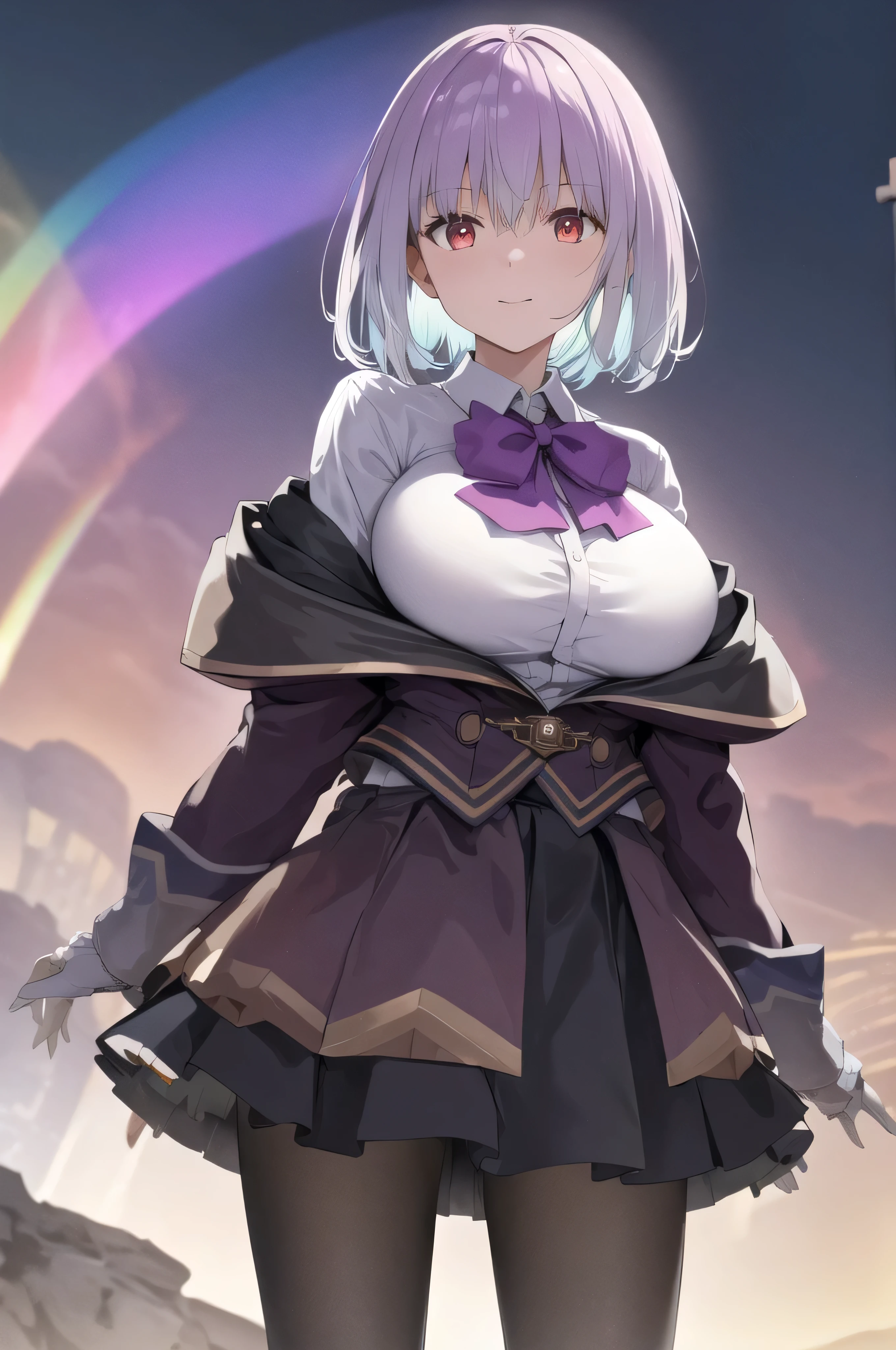 masterpiece, highest quality,best quakity, High resolution, Ah Akane, short hair, Red eyes, Large Breasts, Purple bow tie, Collared shirt, White shirt, Off the shoulder, Purple Jacket, Partially defrosted, Long sleeve, Sleeves are longer than the wrist, Pleated skirt, Black Skirt, pantyhose, Cowboy Shot, Are standing, evil,huge laugh,(Best picture quality, 4K, 8K, High resolution, Masterpiece: 1.2), ultra detailed, a very large (mysterious skull made of metal), glowing eyes, a spooky waterfall above the skull, (rainbow, rainbow around the skull), full of energy, circular composition illustrates the effects of various structural forces, alone, (steampunk decorative elements, gear, and other elements). Pointers, chainantastic decorative combinations